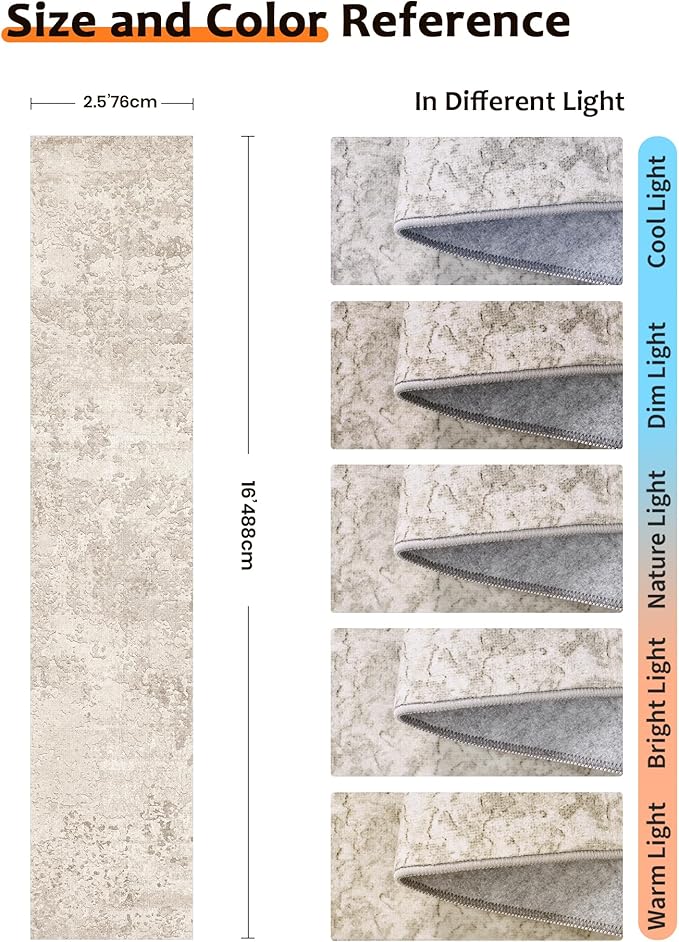Art&Tuft Non-Slip Runner Rug - 2.5x16 Runner Rug Washable Low-Pile Rugs Runners, Soft Distressed Carpet Runner for Bedroom Bathroom Kitchen Laundry Living Room, Beige