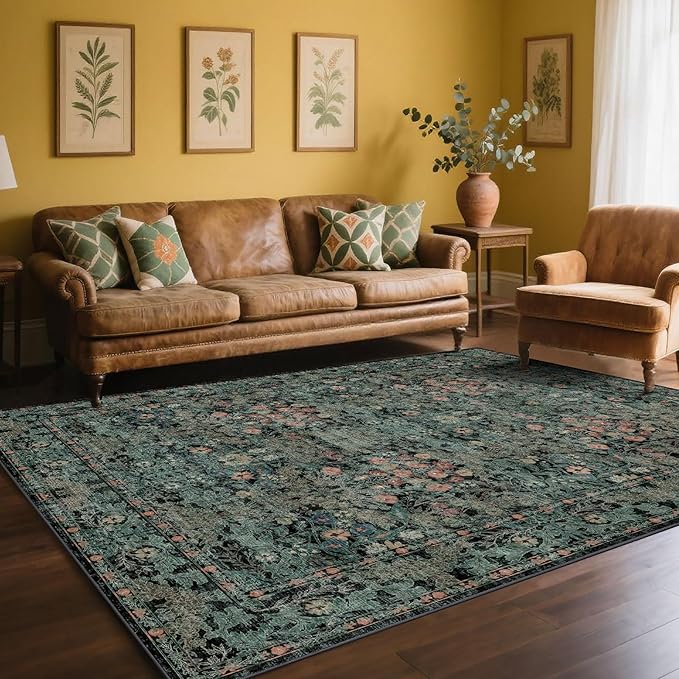 Farmhouse Dark Green Dining Room Rugs for Under Table - 6x9 Washable Cottagecore Distressed Low Pile Non Slip Flora Rug for Living Room, Bedroom, Nursery, Home Office - Soft Boho Moody Accent Mat