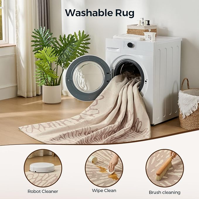 WITSHOCK 10x14 Area Rugs for Living Room: Beige Floral Washable Rugs for Bedroom Dining Room Office Nursery Modern Non-Slip Stain Resistant Low Pile Home Decor（Beige/Brown,10'x14'）