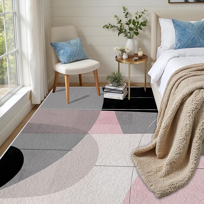 Abstract Art Line Living Room Area Rugs 7x9, Modern Boho Geometric Print Rug, Minimalist Washable Non Slip Neutral Soft Carpet for Bedroom, Dining Room Office Playroom, Black Gray