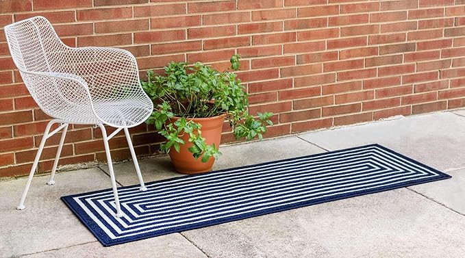 Unique Loom Sabrina Soto Outdoor Collection Geometric, Modern, Vibrant, Carved Area Rug (2' 0 x 8' 0 Runner, Navy Blue/ Ivory)