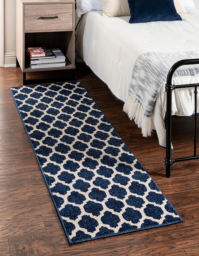 Rugs.com Lattice Collection Rug – 6 Ft Runner Dark Blue Medium-Pile Rug Perfect for Hallways, Entryways
