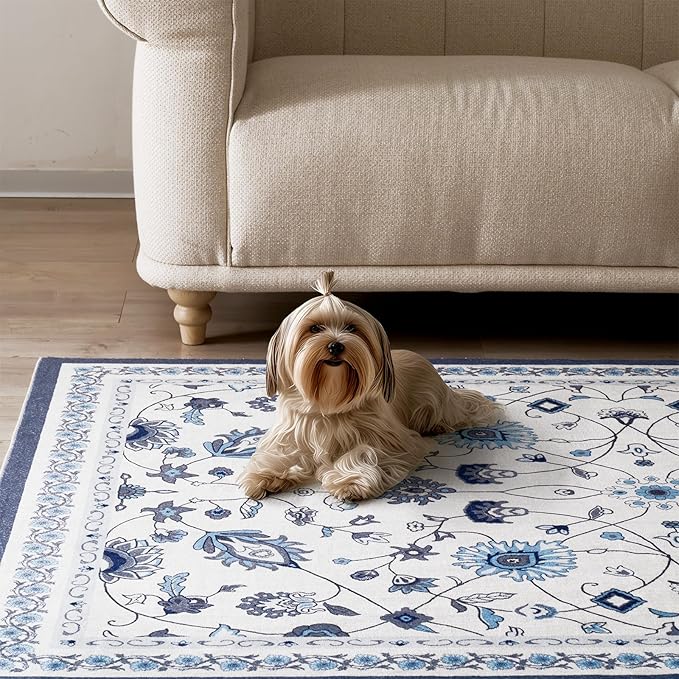 EVERGRACE Area Rugs for Living Room 8x10, Boho Floral Faux Wool Indoor Outdoor Rugs, Washable Rugs for Bedroom Dining Room Entryway Kitchen, Low Pile Floor Mat Carpet for Home Decor, Porcelain Blue