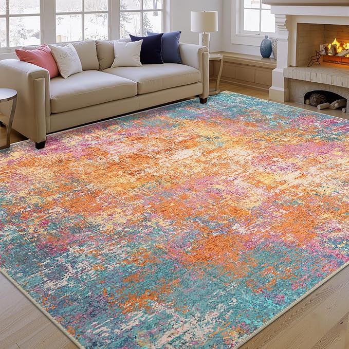Washable Area Rugs 9'x12' Non-Slip Modern Abstract Soft for Living Room Entryway Bedroom Nursery, Print Pattern, Orange Blue Pink Yellow Colorful
