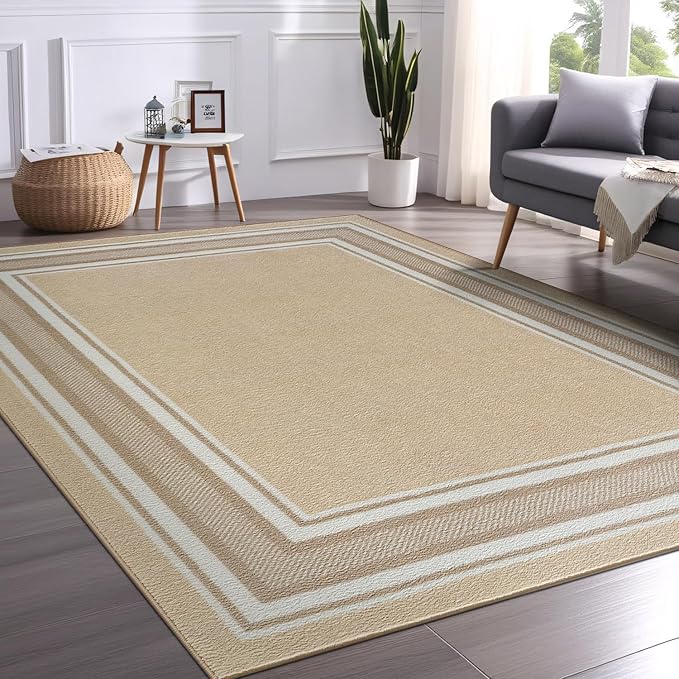 Beverly Rug Non Slip Area Rugs 8x10 Modern Bordered Non Skid Rubber Backing Soft Area Rug for Living Dining Room Easy to Clean Non Shedding Kitchen Bedroom Indoor Carpet 8 x 10 Beige
