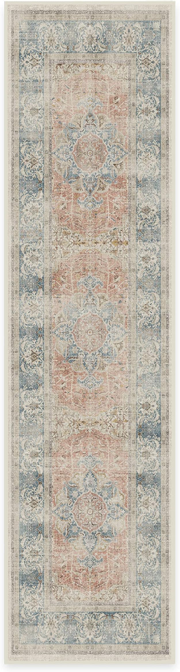 RUGGABLE Washable Vintage Runner Rug – Sarrah Coral 2.5x10, Stain-Resistant, Non-Slip Hallway Runner – Machine Washable Rug for Hallway, Entryway, Living Room & Kitchen–with Cushioned Pad