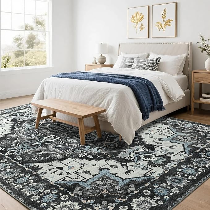 Large Area Rugs 9x12 for Living Room, Bedroom, Washable Vintage Rugs -Low Pile Distressed Rugs for Kitchen, Dining Room, Water Repellent & Non Shedding, Black and Blue