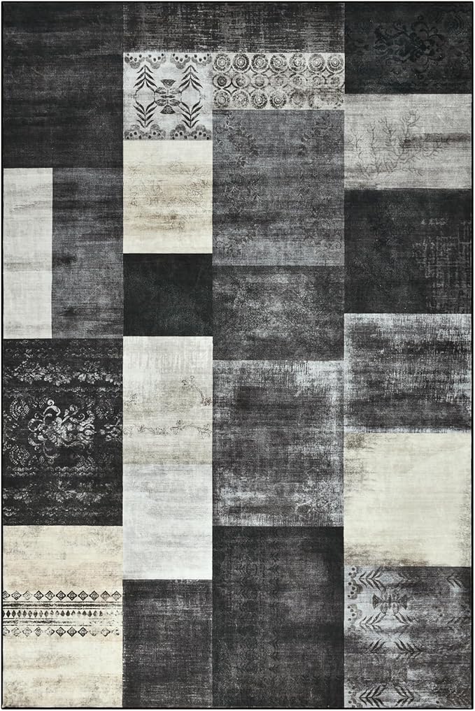Tepook Modern Area Rug for Living Room, 6x9 Geometric Large Rugs for Bedroom, Washable Patchwork Rug Indoor Non-Slip Throw Carpets for Dining Room Office Farmhouse Home Decor, Black and White