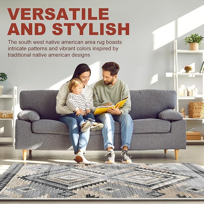 YHSF South West Native American Rug Ritz – Native Tribal American Indian Inspired Rug - Living Room, Bedroom, Hallway, Entryway & High-Traffic Area Rugs - Washable - Soft - Light Grey, 2 Feet x 7 Feet