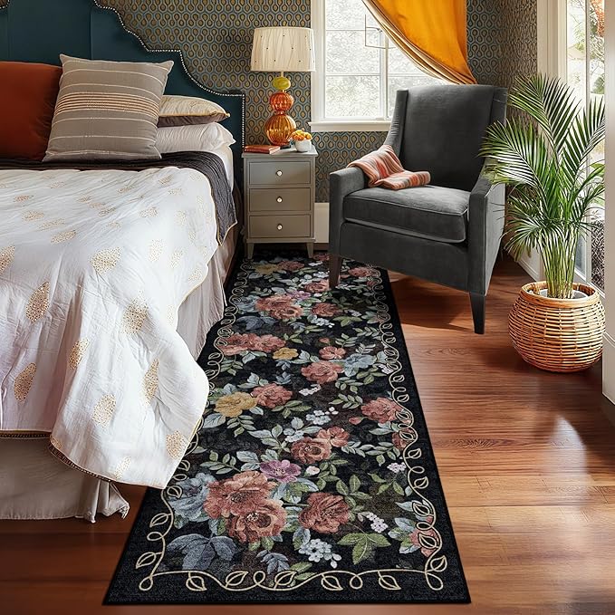 2'6''x8' Machine Washable Runner Rug, Kitchen Hallway Area Rug Black Vintage Boho Floral Ultra Non-Slip Low Pile Soft Faux Wool Carpet, Kids and Pets Friendly for Bedroom Entryway Nursery Decor Rug