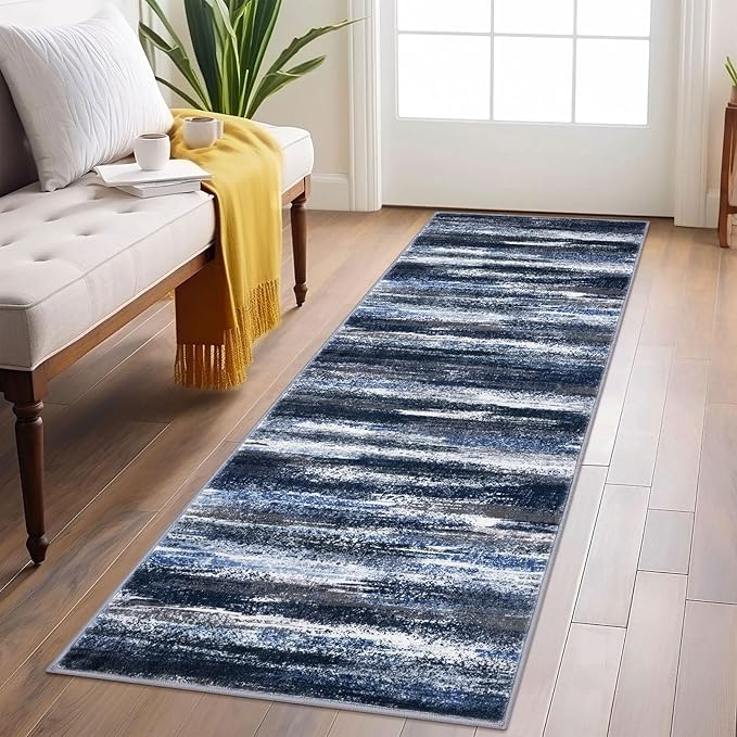 Modern Abstract Runner Rug 2x6, Navy Blue Washable Kitchen Runner Non-Slip Soft Hallway Rug Runner Thin Print Faux Wool Carpet for Entryway Bedroom Laundry Room Indoor Home Decor