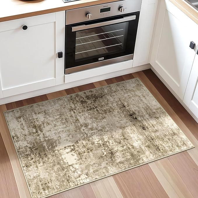 2x3 Machine Washable Area Rug for Entryway, Brown Modern Vintage Abstract Rug Non-Slip Low Pile Soft Faux Wool Small Carpet, Kids and Pets Friendly for Bedroom Kitchen Hallway Home Decor Rug