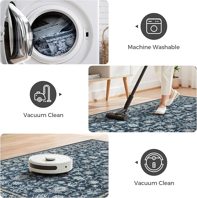 LIVEBOX Washable Area Rug 8x10 - Large Blue Boho Living Room Rug Vintage Rugs for Bedroom, Non-Slip Retro Floral Carpet Print Distressed Accent Rugs for Dining Room Home Office