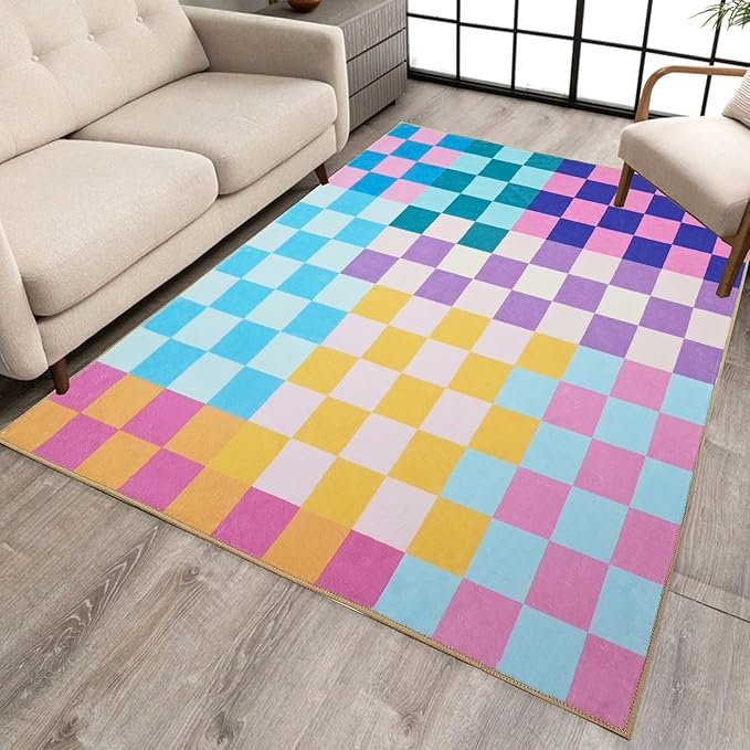 Multicolored Checkered Rug 3x5 Washable Ultra-Thin Funky Bedroom Rug Non-Slip Soft Multicolored Stain Resistant Carpet for ‎Dining Room Office