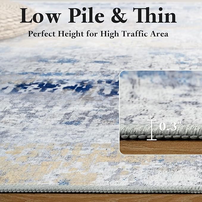 Washable Abstract Rug, 8x10 Modern Area Rugs with Non-Slip Rubber Backed for Living Room, Thin but Soft Contemporary Carpet Kitchen Bedroom Dining Room Decor, Midnight Blue