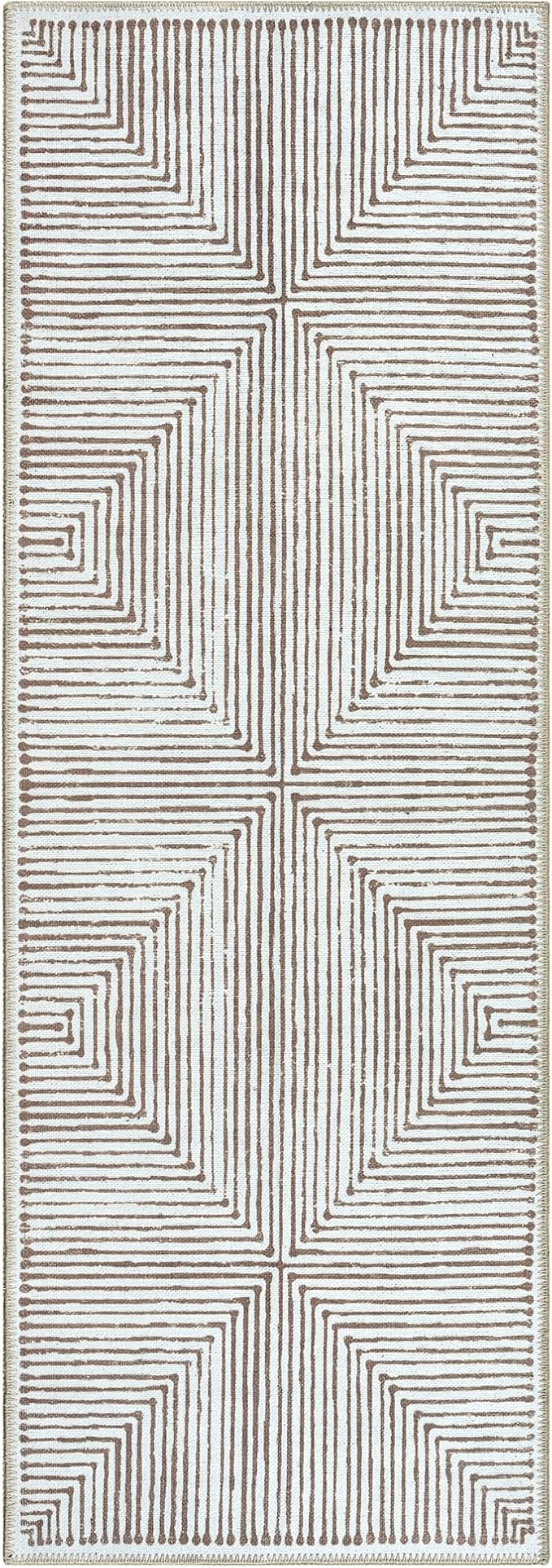 Bloom Rugs Washable Non-Slip 12 ft Runner - Brown Striped Runner for Entryway, Hallway, Bathroom, and Kitchen - Exact Size: 2.5' x 12'
