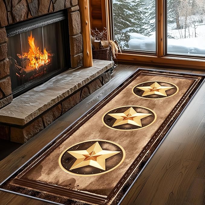 Gold Five-Point Star Runner Rug, 2.6x7ft Washable Hallway Badge Carpet, Corridor Accent Rugs, Stylish Decorative Runner for Home Hallway & Foyer, Vintage Style Non-Slip Mat