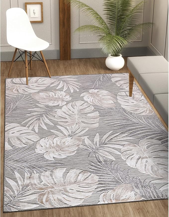 CAMILSON Indoor Outdoor Rug, Beige 7’10”x10’ Leaf Tropical Botanical Area Rugs for Indoor and Outdoor patios, Easy-Cleaning Non-Shedding Living Room, Garden and Kitchen Washable Outside Carpet (8x10)