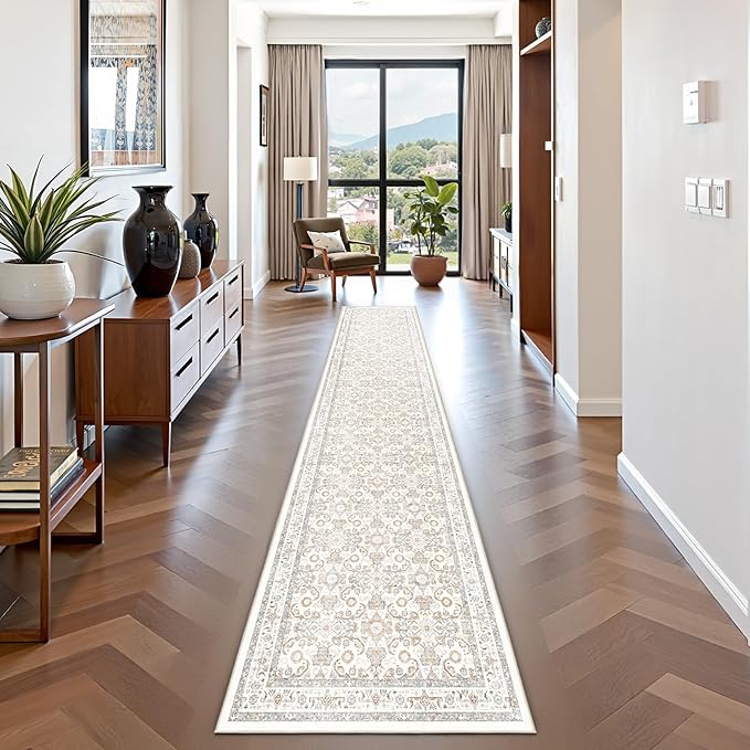 WITSHOCK 2x10 Long Runner Rug for Hallway,Washable Rug Distressed Boho for Bedroom Kitchen Entryway Indoor Entrance,Non Slip Runner Rugs with Rubber Backing,Camel/Beige
