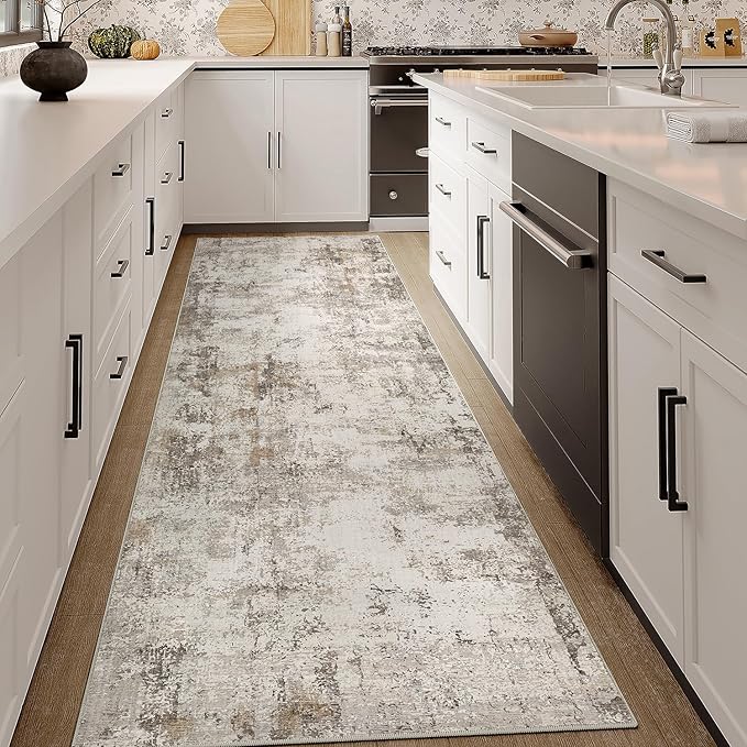 3x8 Washable Runner Rug Brown Grey Abstract Hallway Kitchen Throw Rug Neutral Modern Non Slip Soft Low Pile Carpet for Bathroom Laundry Bedroom Living Room