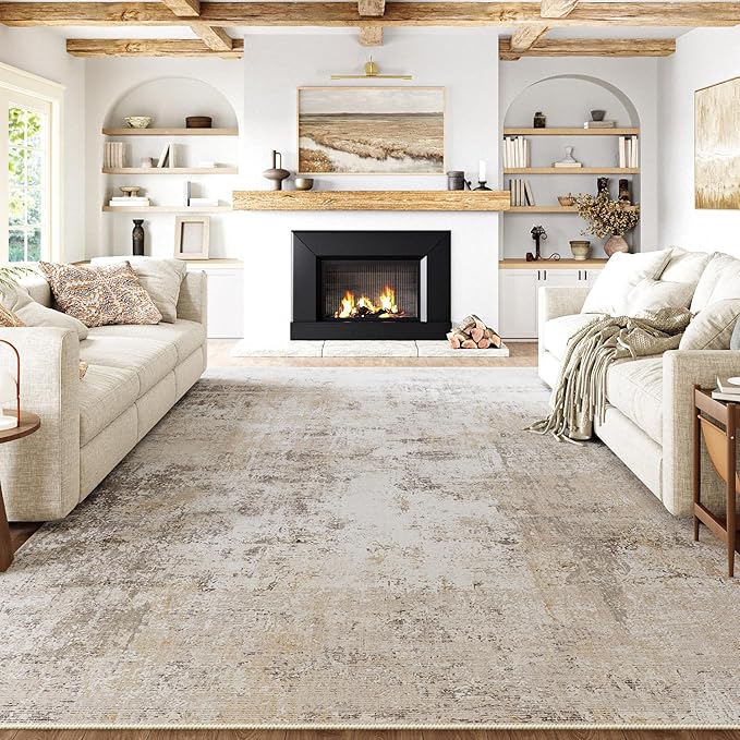 9x12 Area Rug Beige Grey Abstract Living Room Bedroom Carpet Neutral Modern Non Slip Soft Medium Pile Indoor Large Throw Rug for Dining Room Office