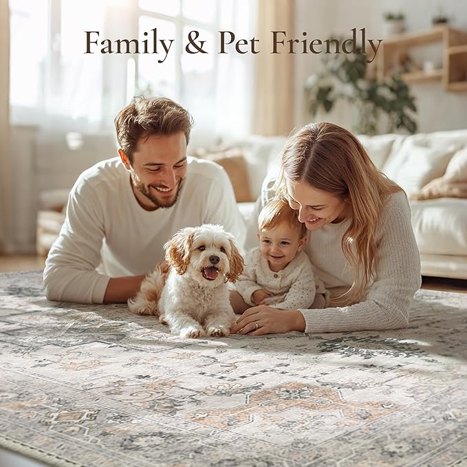 GENIMO 5x8 Area Rugs for Living Room, Machine Washable Low Pile Rugs, Chenille Non Slip Vintage Rug for Bedroom, Dining Room, Home Office, Light Taupe Brown