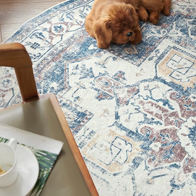 jinchan Kelda Round Rug 7ft Washable Area Rug Indoor Vintage Bedroom Floor Cover Distressed Circle Mat 7' Round Lightweight Non Slip Low Pile Thin Farmhouse Carpet for Living Room Navy Blue