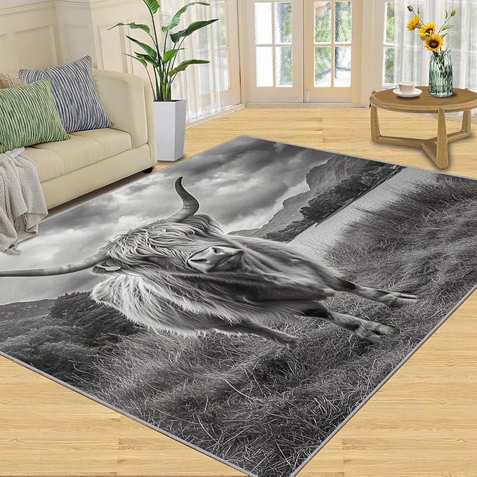 Highland Cattle Rugs for Bedroom - 2x3 Area Rug - Black White Highland Cattle Rugs for Living Room, 3D Natural Landscape Rug, Non-Slip Washable Home Decor Carpet