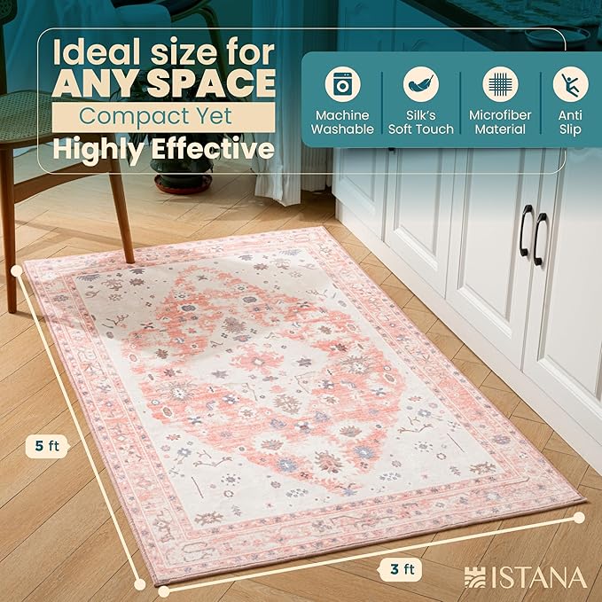 Istana 3x5 Area Rug - Pink Modern Rugs for Living Room 3x5 - Foldable Rugs for Bedroom/Living Room Rug - Stain Resistant Washable Rug - Eco-Friendly Small Area Rugs