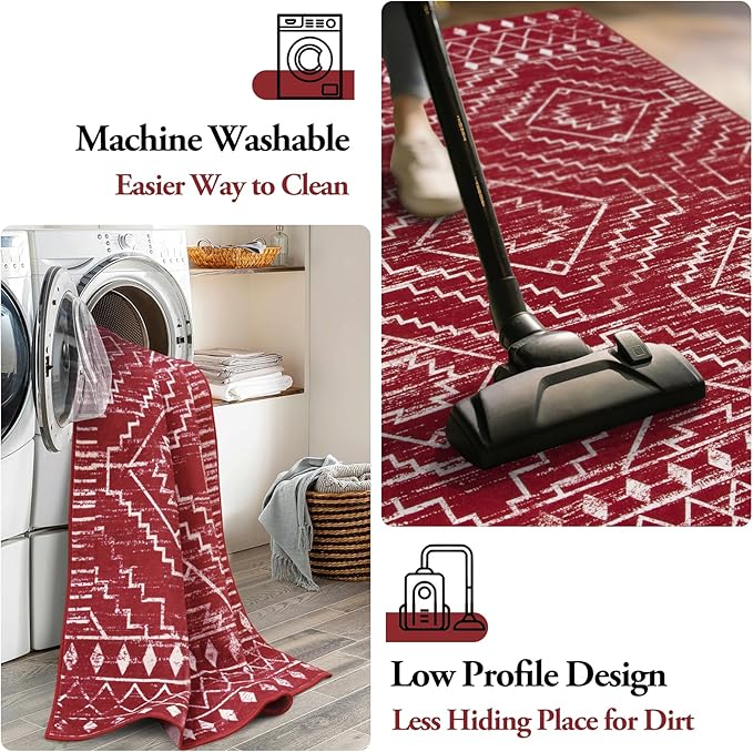 Wonnitar Moroccan Washable 5x7 Rug for Living Room, Soft Chrisrmas Rug for Bedroom, Non-Slip Stain Resistant Geometric Floor Carpet for Dining Table Kitchen Dorm (Red,5'x7')