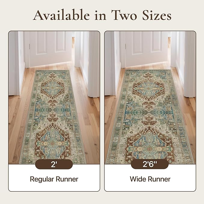 GENIMO 2'6'' X 8' Runner Rugs for Entryway,Machine Washable Vintage Floor Cover Foldable Modern Non Slip Rug, Low Pile Soft Carpet Floral Print Mat for Indoor Entryway/Bathroom/Kitchen,Sage Green