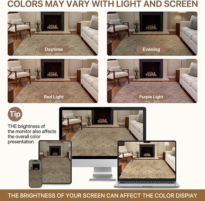 Bavni 3x5 Area Rugs for Living Room, Machine Washable Rug Non Slip, Vintage Chenille Distressed Print Carpet, Large Low Pile Ultra-Thin Lightweight Rugs for Bedroom, Dining Room, Office, Nut Brown