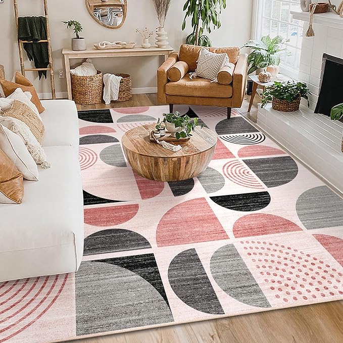 MUJOO Pink Washable Rugs 8x10,Boho Area Rugs for Living Room Bedroom,Large Throw Floor Carpet Non Slip Soft Modern Abstract Pink and Grey