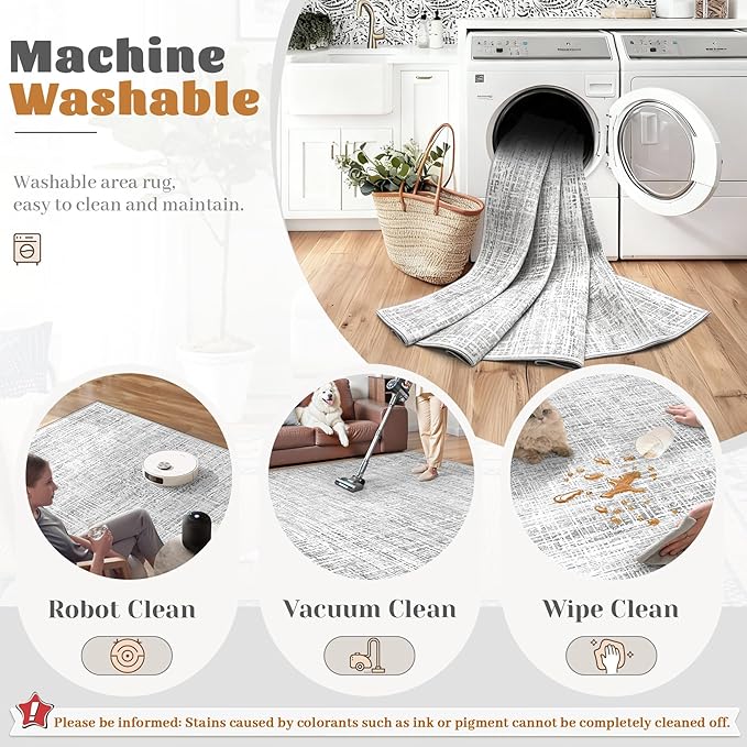 9x12 Area Rugs for Living Room, Washable Large Area Rug Neutral Modern Abstract Bedroom Rug Soft Non Slip Low Pile Stain Resistant Indoor Carpet for Kids Playroom Dining Room Office(Grey, 9'x12')