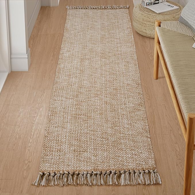 Collive Long Hallway Runner Rug 2x8, Boho Washable Runners Indoor Entryway Rugs Tan Cotton Woven Kitchen Runner Carpet, Farmhouse Low Profile Front Door Mats for Bedside Laundry Room Doorway