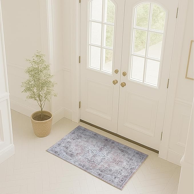 Fame Rugs Turkish Rug. Washable Vintage Oriental Antique Inspired Traditional Doormat Small Modern Area Rugs Luxury Entryway Entry Bedroom Bathroom Kitchen (392TW, 2' x 3')