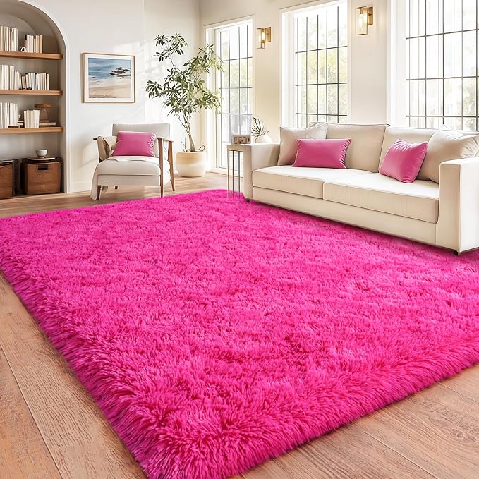 Soft Shaggy for Bedrooms, Hot Pink Area Rug, Fluffy Rugs for Living Room, Cozy Fuzzy Carpet for Kids, Perfect Indoor Decor for Boys and Girls 4x6 Feet