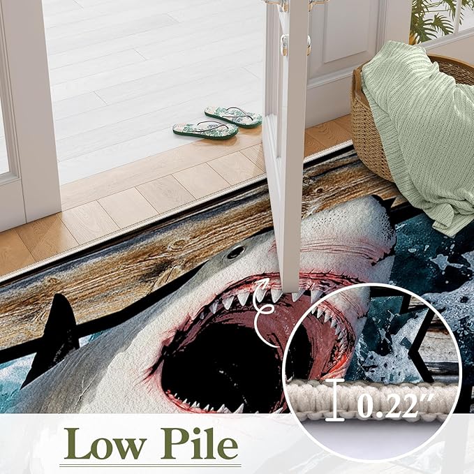 Sea Shark Kids Rugs, 5x6ft, Fierce Shark 3D Printed Carpet for Indoor, Marine Animals Broken Wooden Boards Realistic Effect Floor Mat, Dirty Resistant Machine Washable Carpets for Dorm