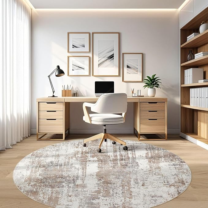 Round Rug Living Room Rugs: 4x4 Washable Circle Abstract Modern Soft Stain Resistant Non-Slip Indoor Floor Carpet for Bedroom Entryway Nursery Office Dorm Home House Decor- Brown