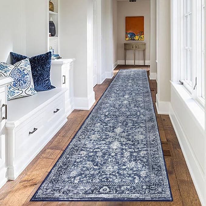 KILOCOCO Runner for Hallway 2.6x14 Runner Rug Printed Vintage Floral Washable Rug Kitchen Runners Soft Non-Slip Low Pile Hallway Runners Laundry Room Distressed Boho Rugs, Blue