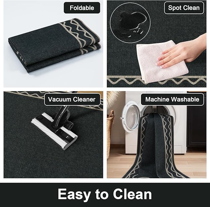 OJIA Easy Jute Front Door Mats Outdoor Rug 3x5 Washable Rugs for Entryway, Wavy Border Black Indoor Outdoor Rugs Non-Slip Doormat Entry Rugs Farmhouse Area Rug for Porch Outside Kitchen Living Room