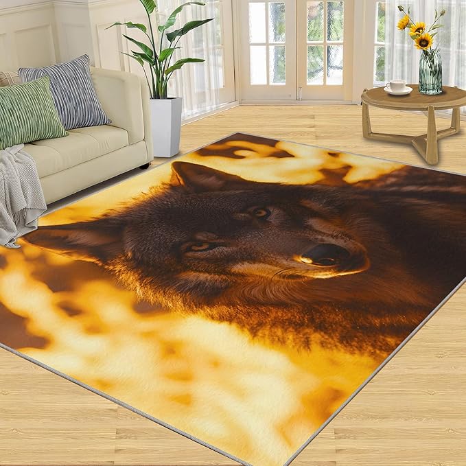 Wolf Rugs for Bedroom - 5x8 Area Rug - Timber Wolf Rugs for Living Room, Sunset Landscape Rug, Non-Slip Washable Home Decor Carpet