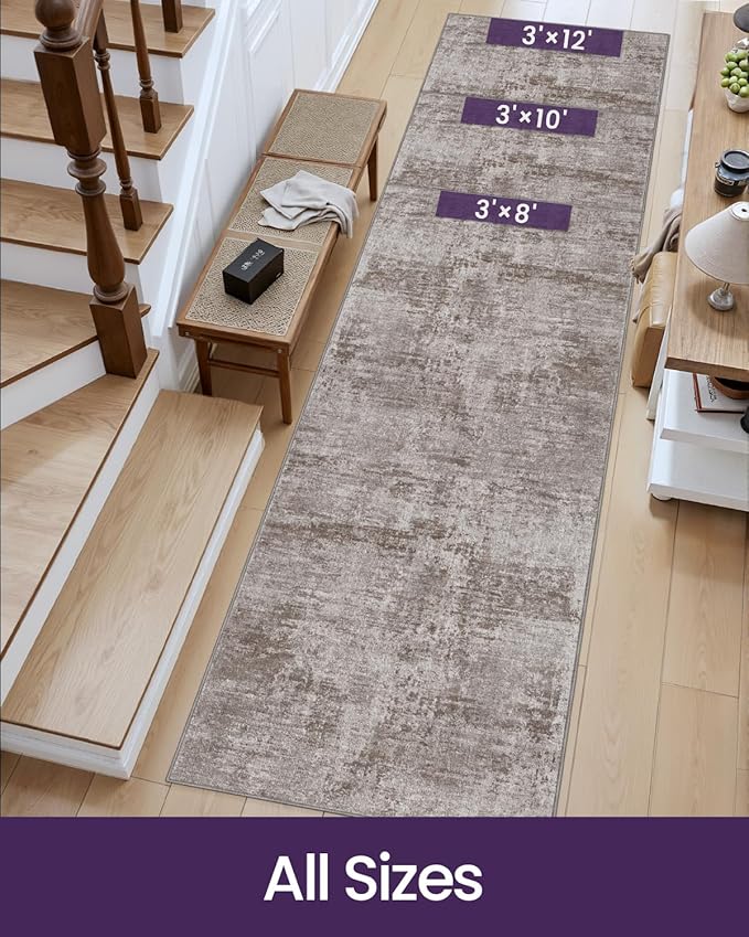 DEXI Hallway Runner Rug 3x12, Modern Abstract Non Slip Thin Soft Runners Carpet, Stain Resistant Washable Indoor Rug for Hallway Entryway Kitchen Laundry Room Living Room, Red Brown