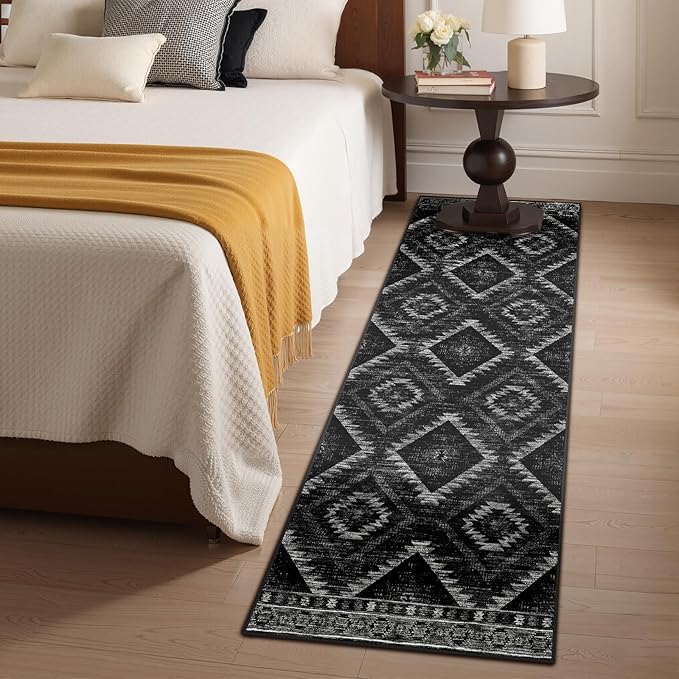Area Rug 2x8 Rug Machine Washable Non-Slip Low Pile Print Pattern Western Rug for Living Room Bedroom Entryway Tribal Series-Black