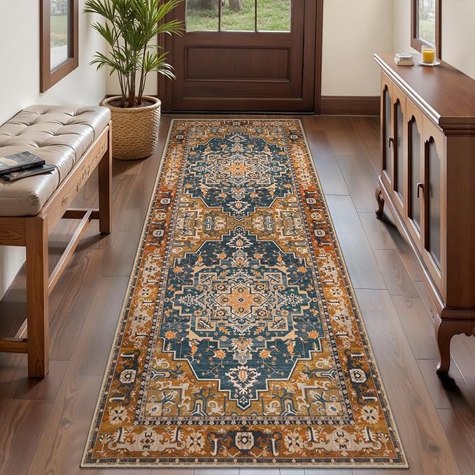 Tangsoo 2x6 Washable Runner Rug for Hallways, Non Slip Vintage Runner Rugs, Soft Low Pile Long Rug Runner, Print Distressed for Kitchen Bedroom Entryway Bathroom Living Room Indigo Ochre