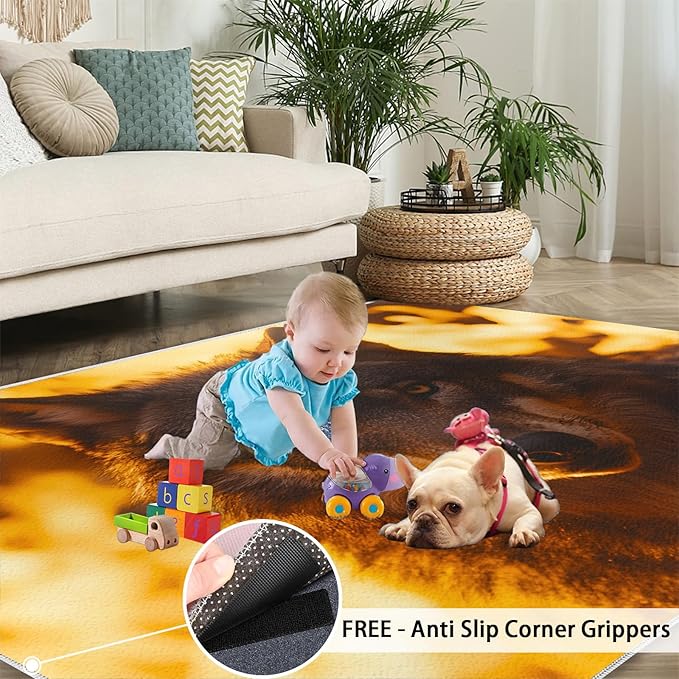 Wolf Rugs for Bedroom - 5x6 Area Rug - Timber Wolf Rugs for Living Room, Sunset Landscape Rug, Non-Slip Washable Home Decor Carpet