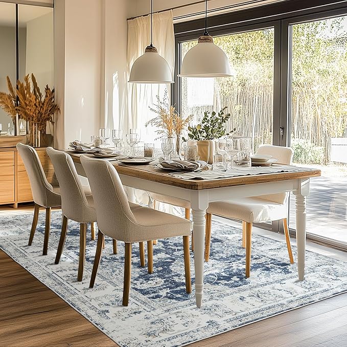 jinchan Fiora 6x9 Area Rug for Living Room Machine Washable Vintage Floral Distressed Design Stain Resistant Boho Carpet Ultra-Thin Low Pile Non-Slip Rug for Bedroom Home Office(6'x9', Dark Blue)