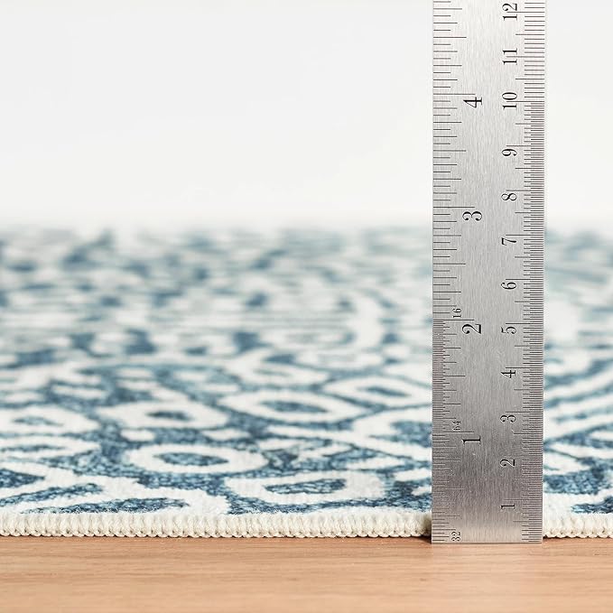 Dash & Albert Temple Ink Machine Washable Rug, 7.5 X 9.5 Feet, Blue Geometric Pattern