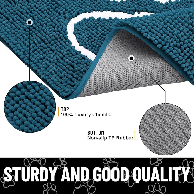 Smiry Dog Door Mat for Muddy Paws, Absorbent Dirt Trapper Non Slip Quick Dry Washable Chenille Mat for Mud Dogs, Entry Rug for Indoor and Outdoor (71x46 Inches, Atlantic Blue and White)