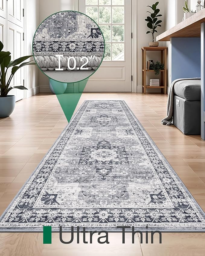 LUMI Runner Rug 3x7, Washable Non-Slip Hallway Throw Rugs, Long Soft Thin Vintage Oriental Kitchen Mats, Low-Pile Indoor Kitchen Entryway Area Rug, Dusty Blue